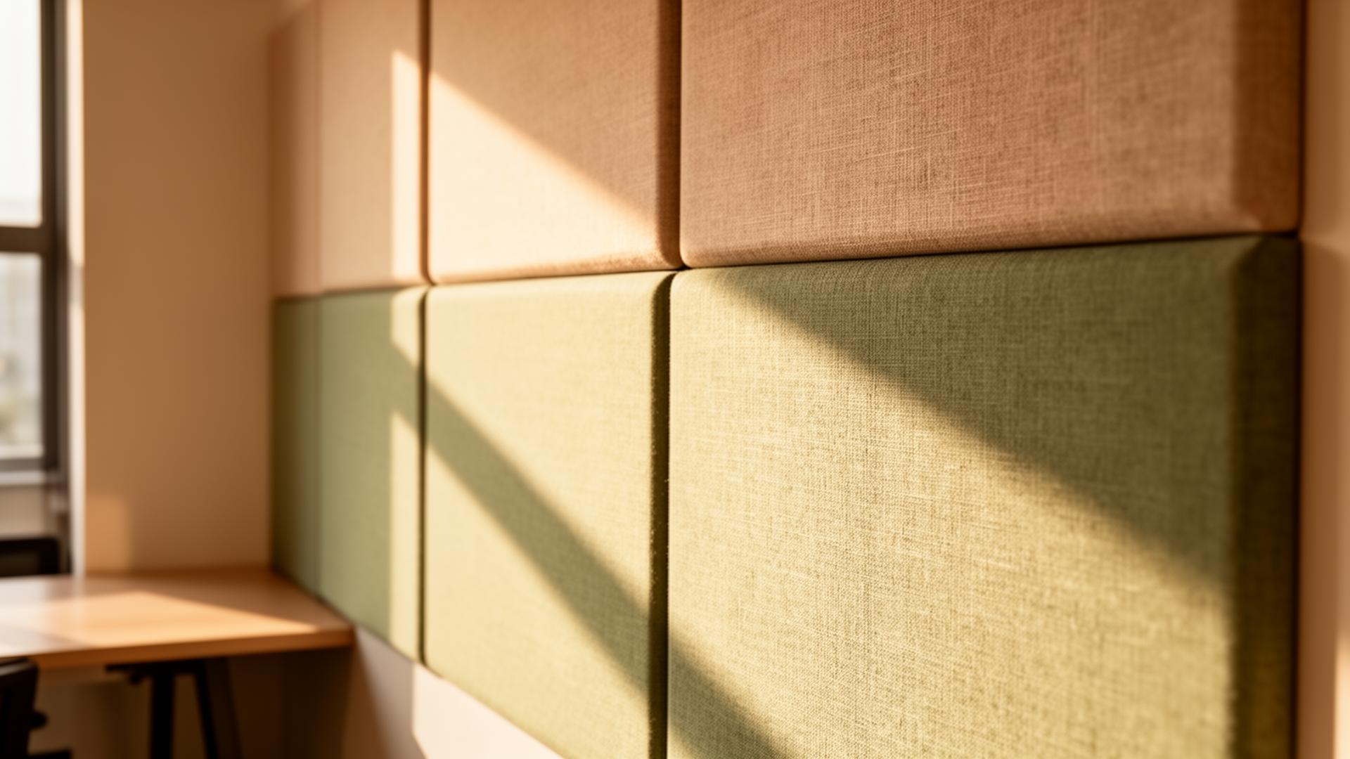 Sunlit fabric-wrapped acoustic panels in a warm office