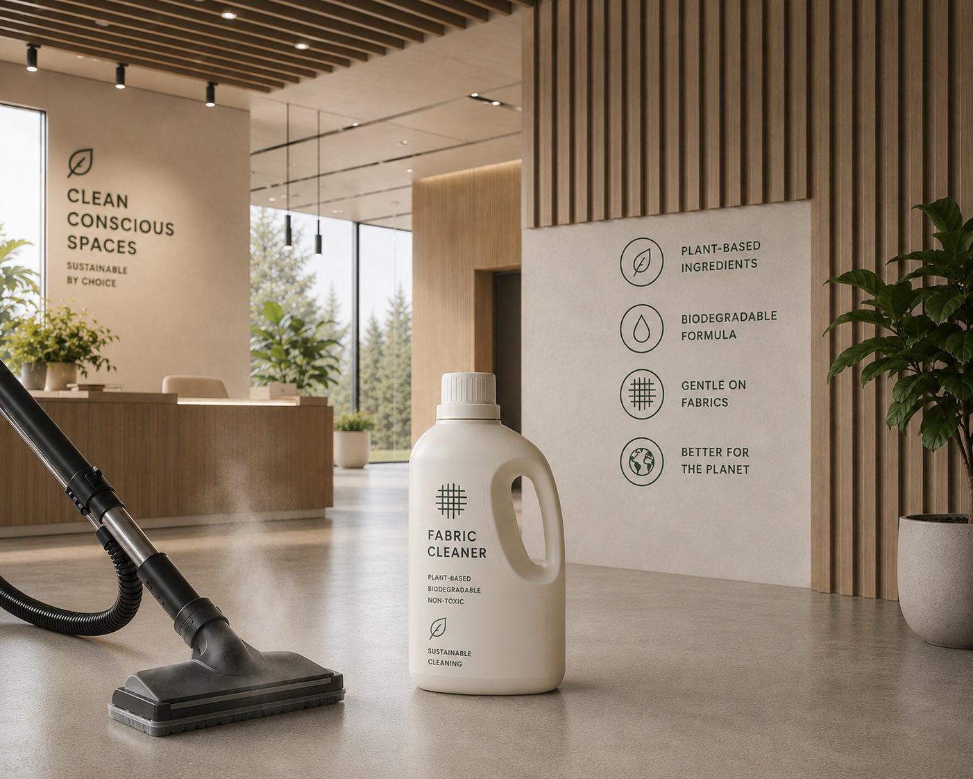 Plant-based, biodegradable fabric cleaner used in a clean, sustainable workspace.